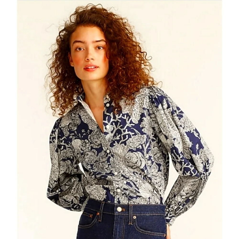 J. Crew Classic-fit collarless puff-sleeve shirt in Ratti® seashell print
